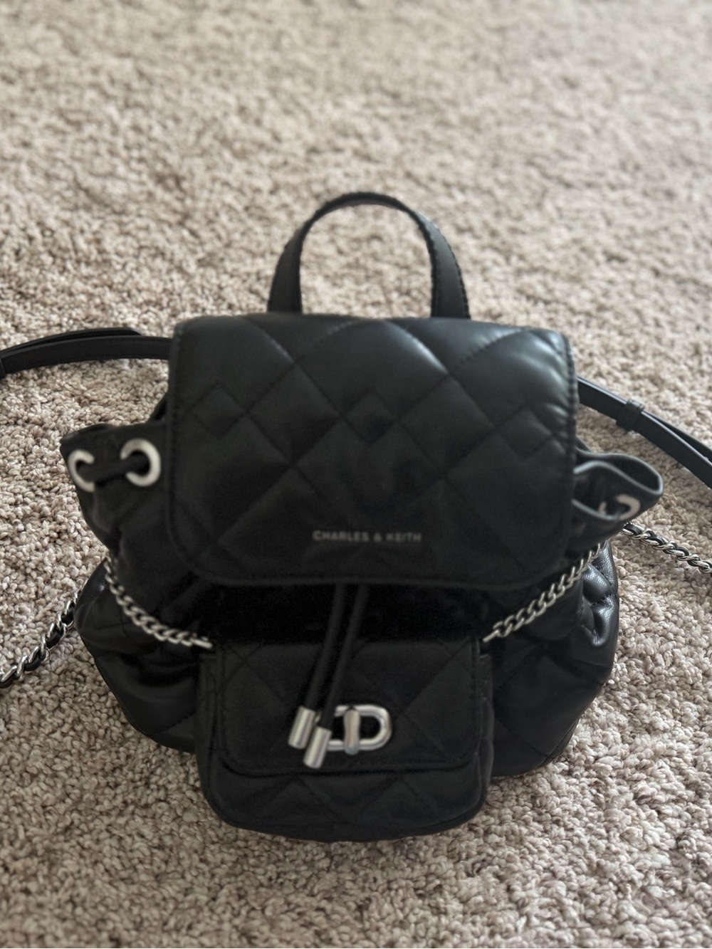 Charles & Keith Black Quilted Backpack with Chain Detail